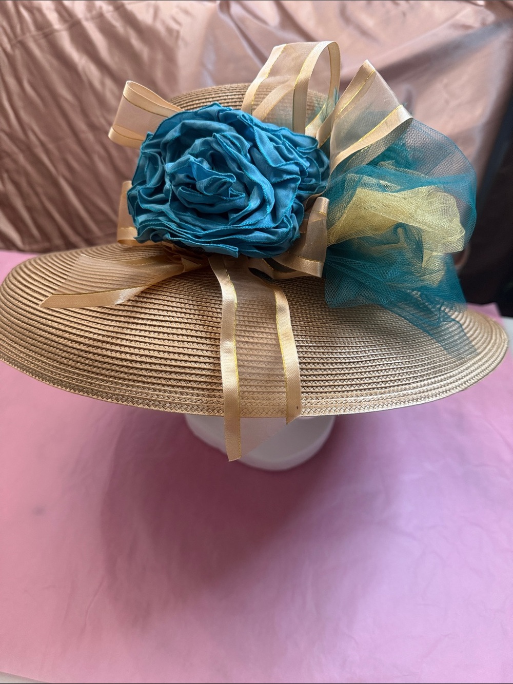 Vintage Wide-Brim Derby Straw Hat with Teal Flower and Gold Ribbon Accents